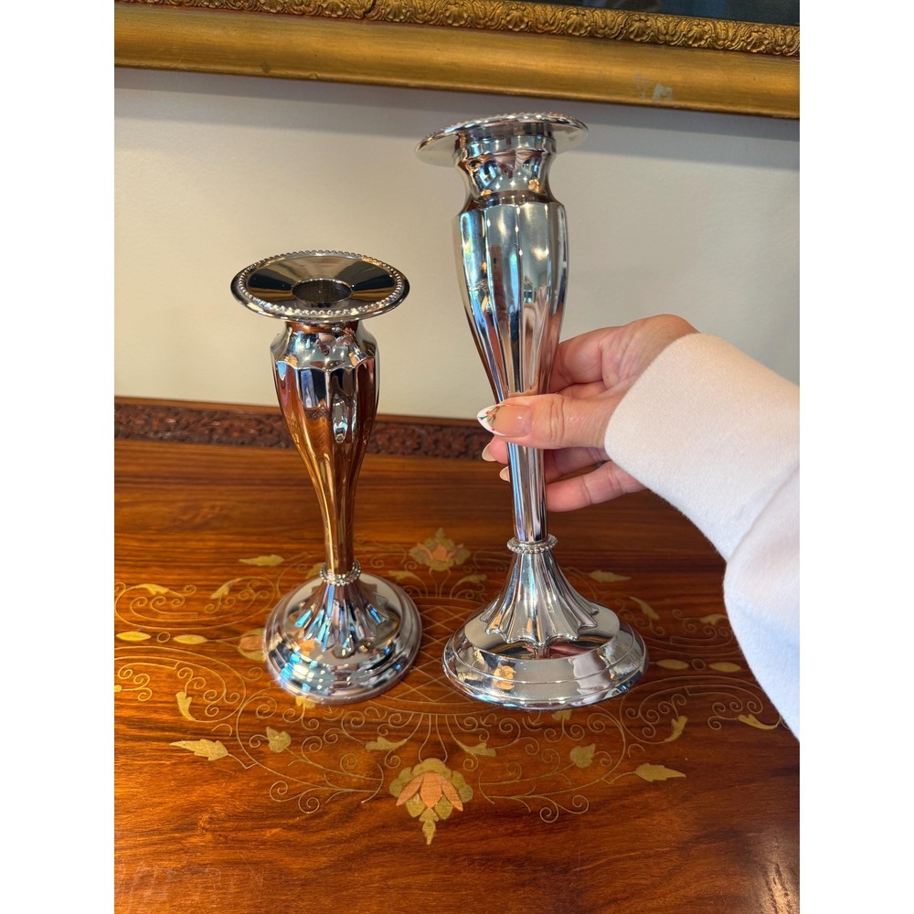 Bombay Silver Tone Candlestick Holders • Set of 2 Fluted Taper Candle Holders - Picture 11 of 16